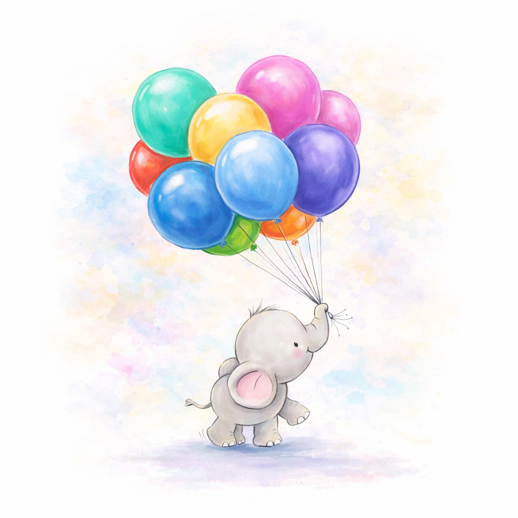 Cartoon elephant holding colorful balloons against a light background