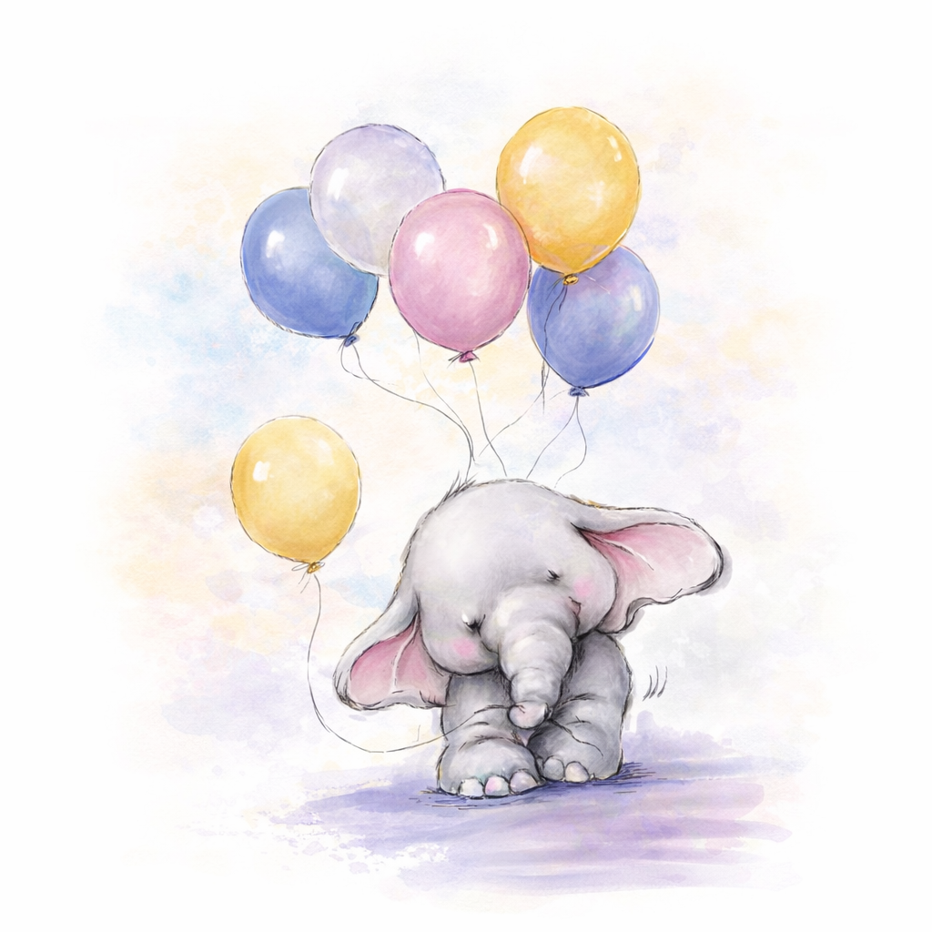 Illustration of a baby elephant holding colorful balloons on a light background