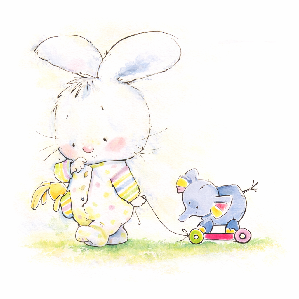 Cartoon bunny pulling a toy elephant on a white background