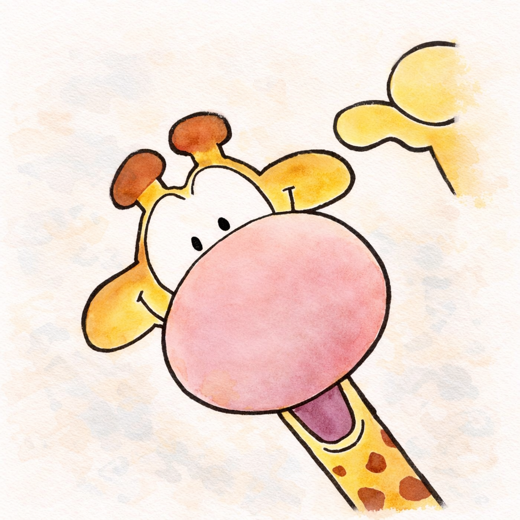 Cartoon giraffe with a large pink nose on a light background