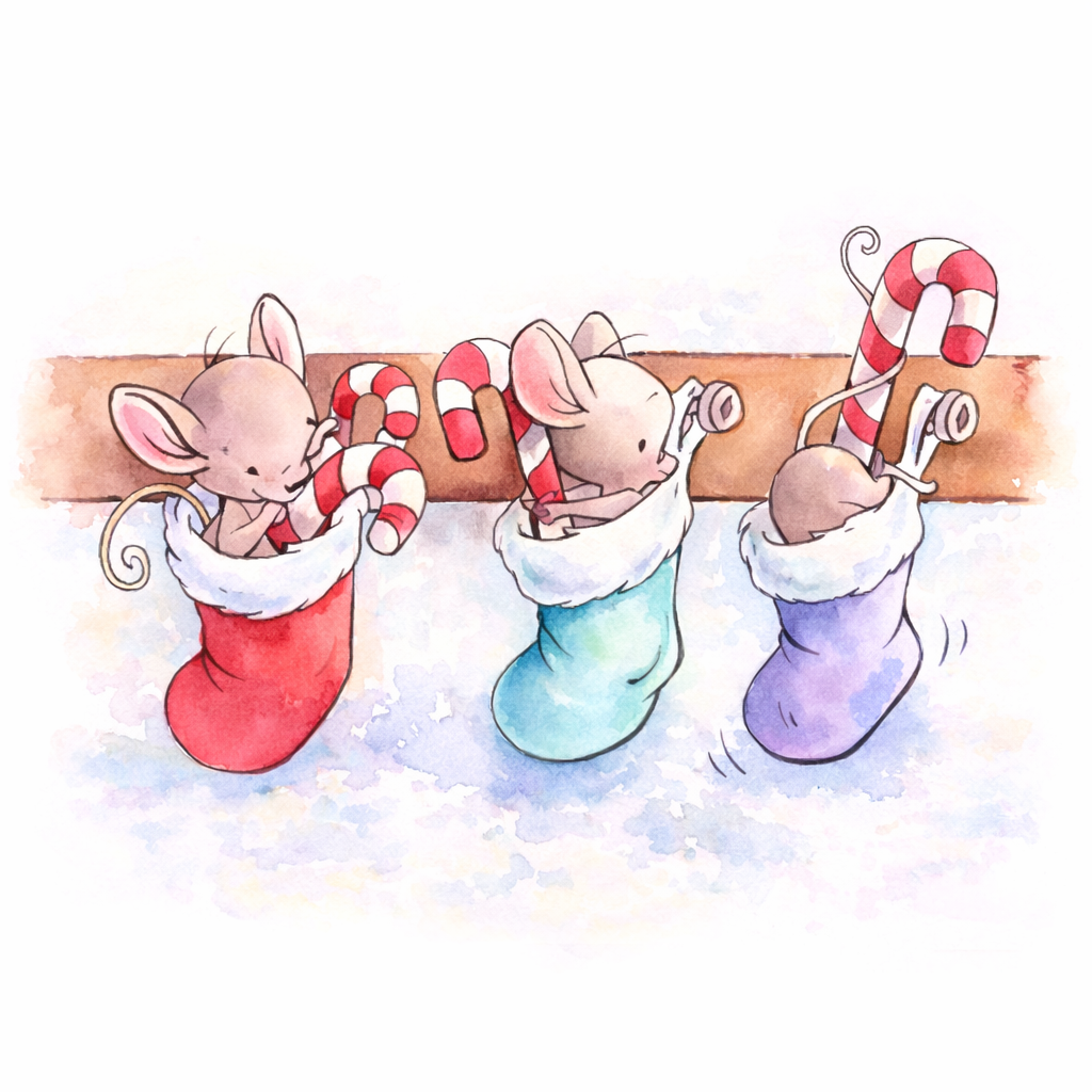 Three cartoon mice in colorful stockings with candy canes on a white background