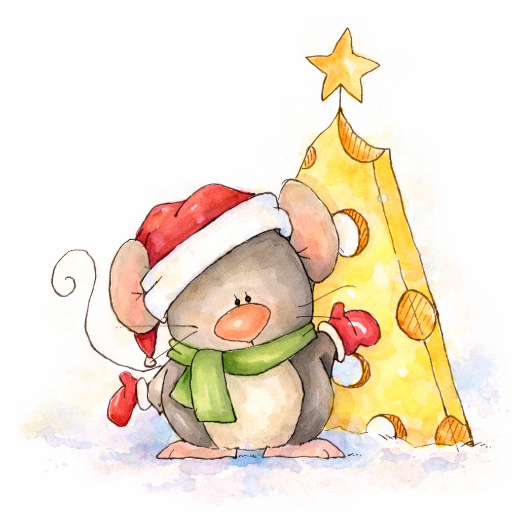 Illustration of a mouse in a Santa hat with a cheese block shaped like a Christmas tree on a white background.