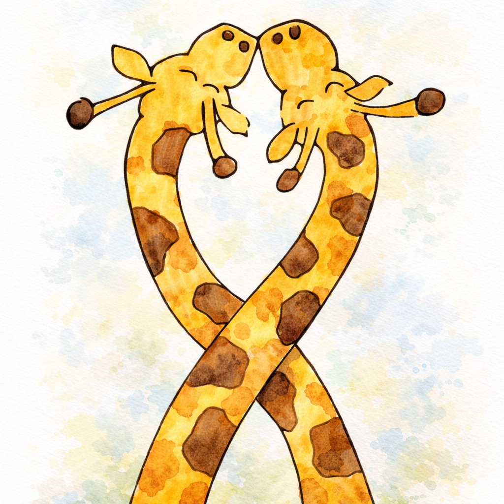Two giraffes forming a heart shape on a light background