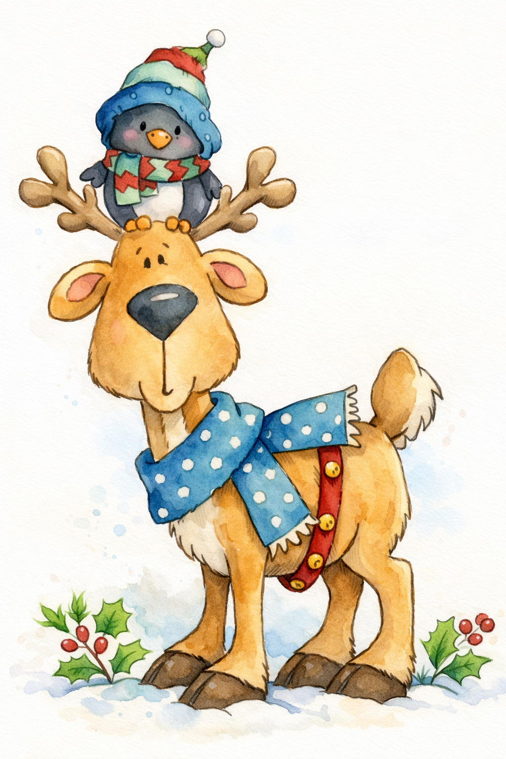 Cartoon reindeer with a penguin on its back, both wearing winter clothing, on a white background.