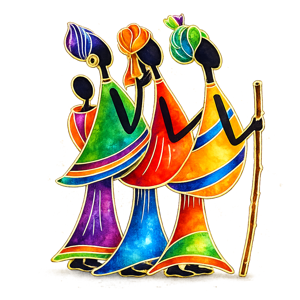 Colorful abstract figures with vibrant patterns on a white background