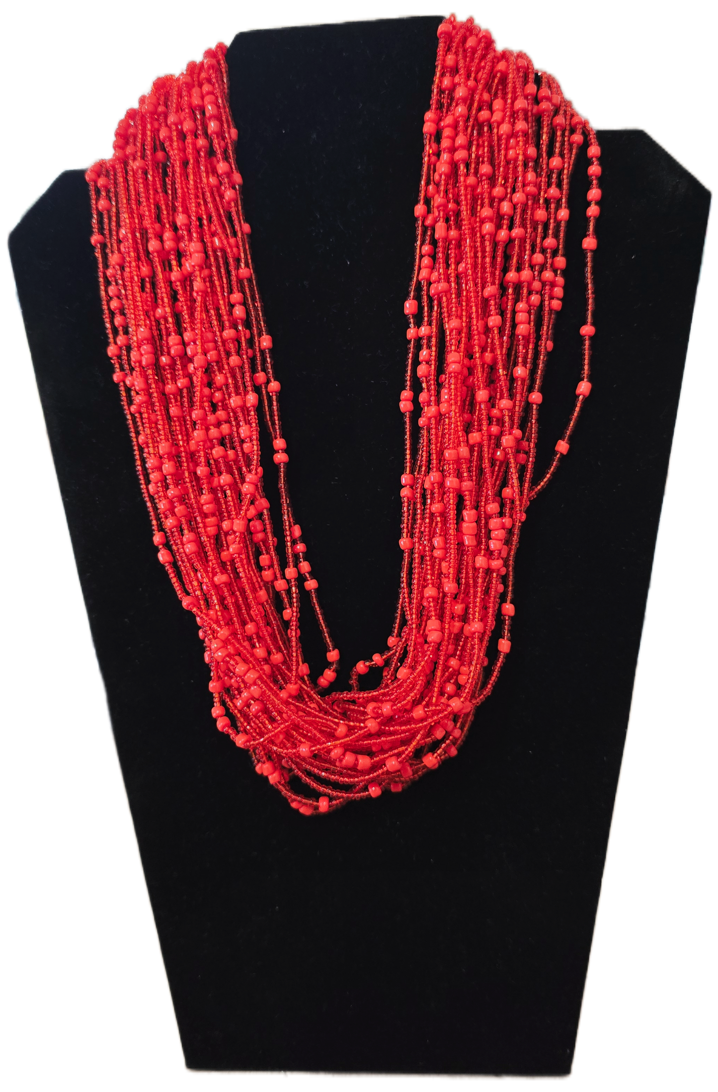 Red beaded necklace on a black stand