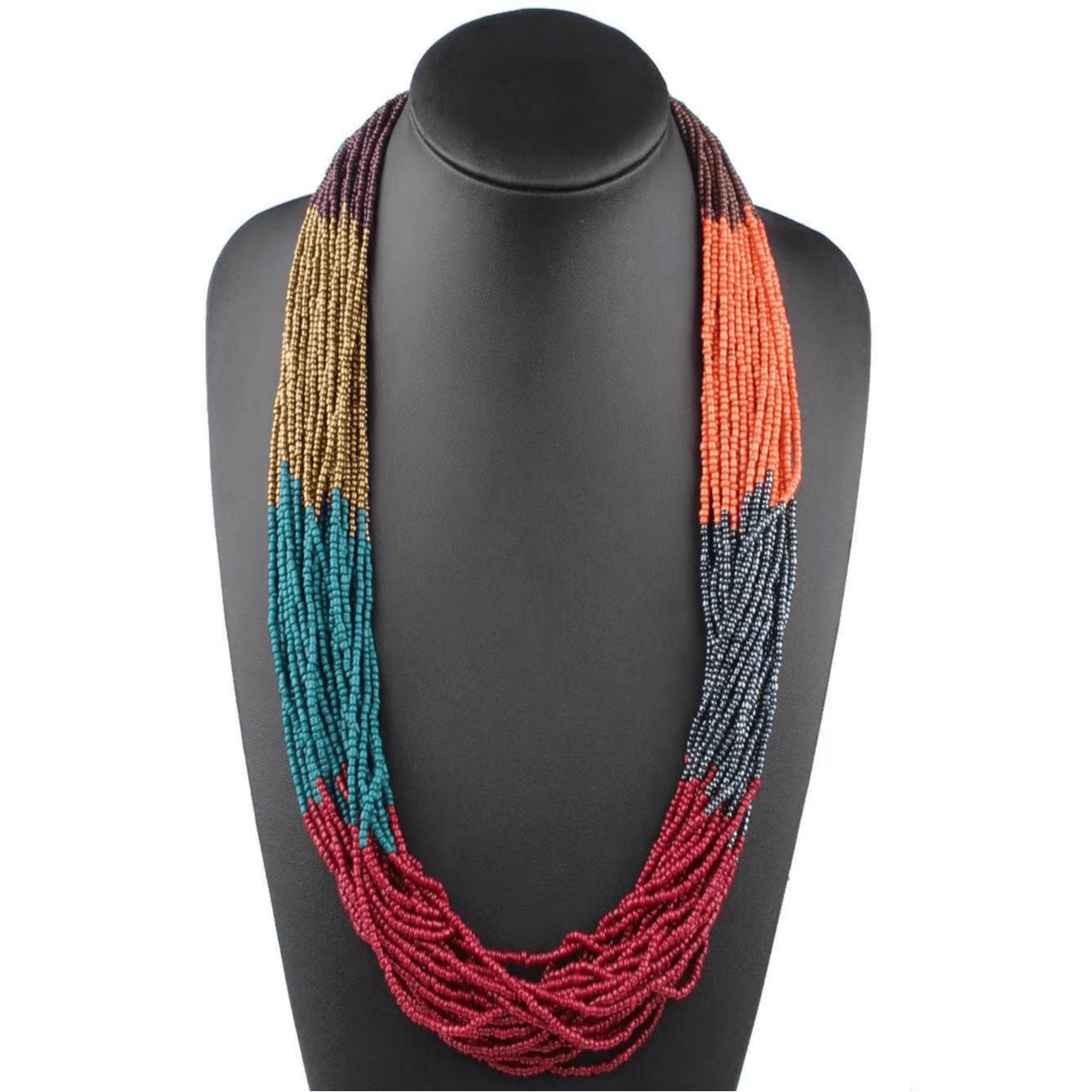 Multicolored beaded necklace on a black mannequin